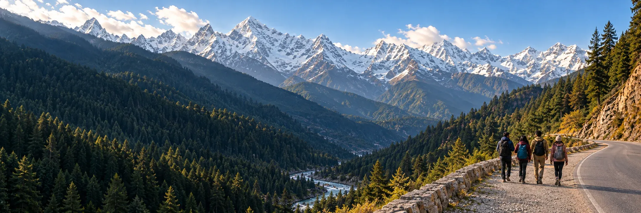Illustrative scene of friends walking together in a Himalayan landscape